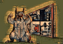 a drawing of a robot with a sign that says ' office '