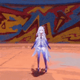 a girl in a purple dress is standing in front of a wall with the letter a on it