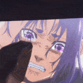 a close up of a cartoon character with purple hair and purple eyes