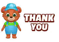 a brown teddy bear wearing overalls and a blue hat is standing next to the words thank you