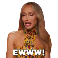 a woman in a yellow dress is making a funny face and says ewww