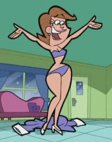 a cartoon woman in a bikini is dancing in a living room .