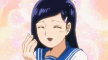 a cartoon girl with long black hair is wearing a sailor suit and holding her hair .