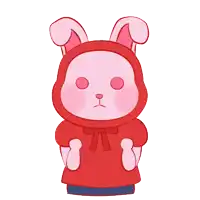 a cartoon of a pink bunny wearing a red hooded jacket