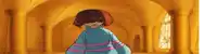 a cartoon girl is standing in a room with columns and a window .