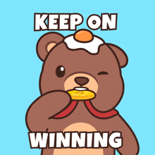 a teddy bear is holding a gold medal and the words keep on winning are above him
