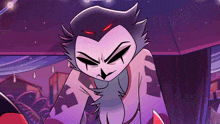a close up of a cartoon character with red eyes and a purple background