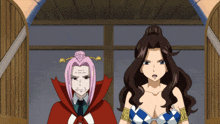 two cartoon characters standing next to each other with one wearing a red cape and the other wearing a blue and white checkered top