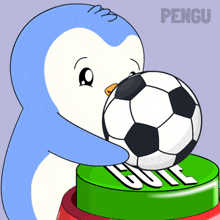 a penguin holding a soccer ball on top of a green button that says go