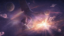 a purple background with planets and stars and a hand reaching out