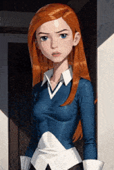 a cartoon girl with red hair and blue eyes