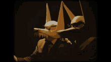 a man in a suit is standing next to another man wearing a wolf mask