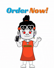 a cartoon of a girl holding a cell phone with the words order now on the bottom