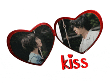 a picture of a man and a woman in a heart shaped frame with the word kiss below them
