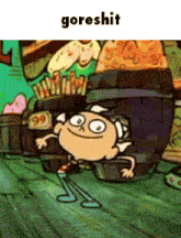 a cartoon character is standing in front of a barrel with the word goreshit on the top