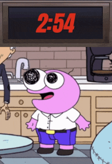 a pink cartoon character stands in front of a clock that says 2:54