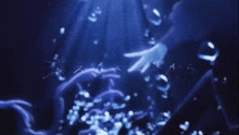 a person 's hand is reaching out towards a blue background