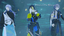 three anime characters are standing next to each other in front of a sign that says " zero "