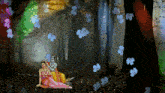 a painting of a man and a woman sitting in a forest
