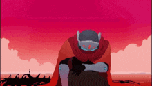 a cartoon character with a helmet and a cape is standing in front of a red sky