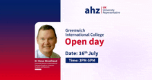 an advertisement for greenwich international college open day on july 16th