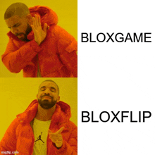 drake in an orange jacket making a funny face with bloxgame and bloxflip written below him