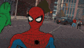 a cartoon drawing of a superhero with a green cape shooting a bullet