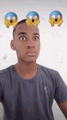 a man wearing a grey shirt has three surprised faces on his forehead