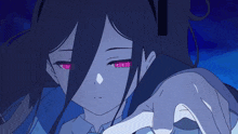 a drawing of a girl with purple eyes and a blue background