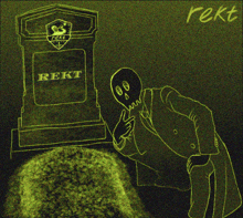 a green drawing of a man standing in front of a gravestone that says rekt