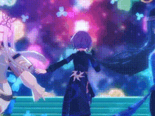 a girl with purple hair is standing on a stage in front of a purple background .