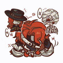 a cartoon drawing of a man in a hat and a woman with red hair