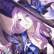 a woman with long pink hair is wearing a purple and blue hat and a blue jacket .