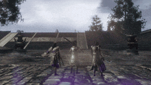 a group of warriors are walking down a stone path