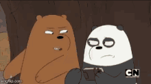 two cartoon bears are standing next to each other with the cn logo in the corner