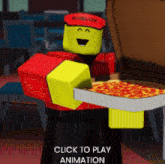 a roblox character is holding a pizza box and says click to play animation