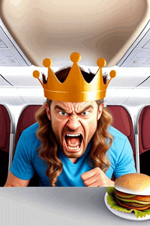 a man with a crown on his head is screaming in front of a hamburger