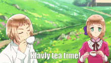 a man drinking a cup of tea next to a girl with the words klavly tea time below him