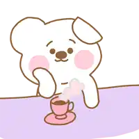 a cartoon dog is sitting at a table with a cup of coffee in front of him