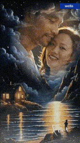 a painting of a man and woman looking at each other with wella written on the bottom right