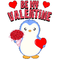 a penguin holding a heart and a bouquet of roses with the words be my valentine behind it