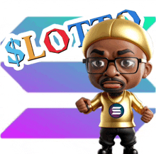 a man with glasses and a gold hat stands in front of a sign that says lotto