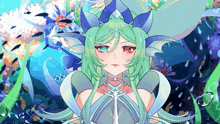 a pixel art drawing of a girl with green hair and red eyes