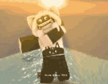 a cartoon character is standing in front of a body of water with a sunset in the background ..