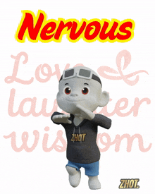a cartoon character with a hoodie that says ' zhot ' on it