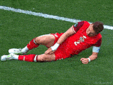 a soccer player in a red jersey with the number 9 on it is laying on the grass