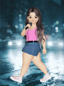 a cartoon girl is singing into a microphone while walking in the rain