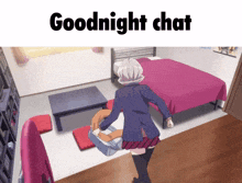 a girl is carrying a boy in a room with the words " goodnight chat " above her