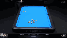 a pool table with a blue cloth that says ' diamond ' on it