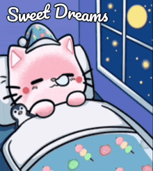 a cartoon of a cat sleeping in a bed with the words sweet dreams below it